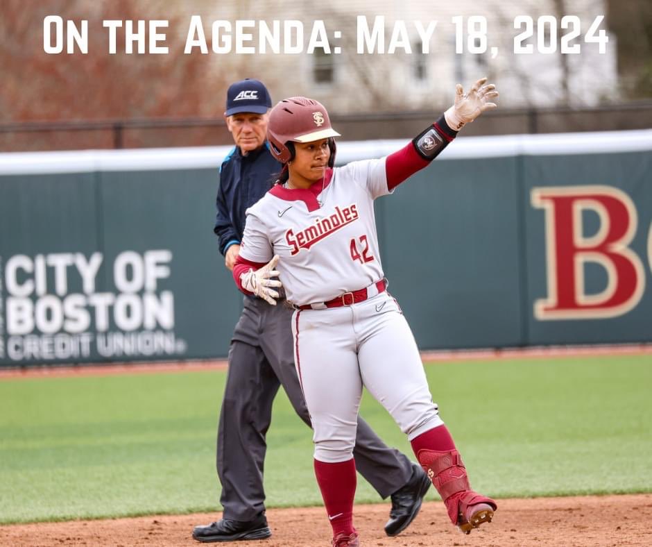 ON THE AGENDA: May 18, 2024 It's a big day for a pair of Florida State women's teams! Women's golf at NCAA Championships, All day Softball vs. UCF, 1 p.m. ET (WatchESPN) Baseball vs. Georgia Tech, 2 p.m. (Resumed from Friday)