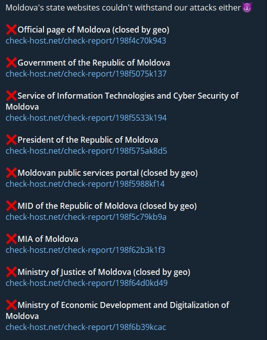 NoName claims to have targeted multiple websites in Moldova. - Republic of Moldova - The Government of the Republic of Moldova - Information Technology and Cyber Security Service - Presidency of the Republic of Moldova - Public Services Portal-Main Page - Ministry of