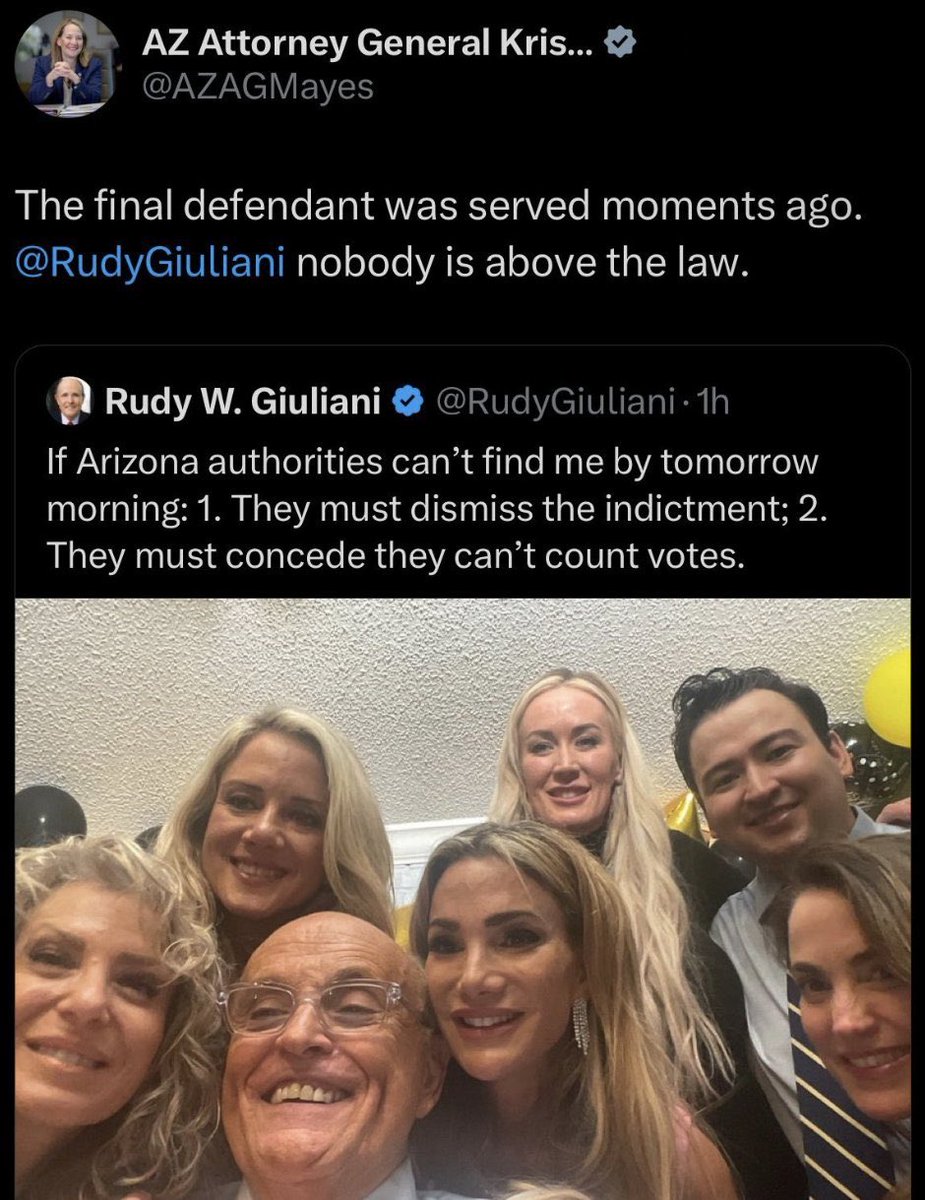 Rudy Giuliani getting served at his 80th birthday party within an hour of taunting Arizona officials in his fake electors case is the most Rudy Giuliani thing ever.