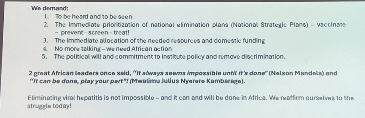 Mark Sonderup reads the 2024 African #ViralHepatitis convention declaration of Cape Town: “As a community of people living with viral hepatitis, advocates for those living with viral hepatitis, healthcare workers, academics & those who simply care, we say NO MORE!!”

#AVHC #NoHep