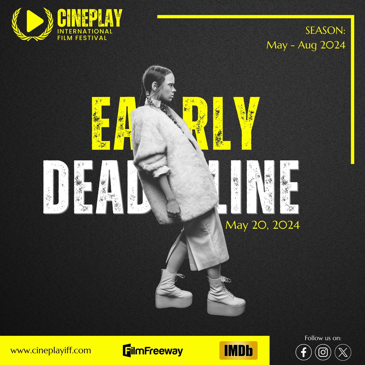 The clock is ticking! The Early deadline for submissions to the Cineplay International Film Festival is almost here.
Submit your masterpiece today and be part of something extraordinary film festival! 

 #FilmSubmission #Filmmakers #IndieFilm #FilmFestival