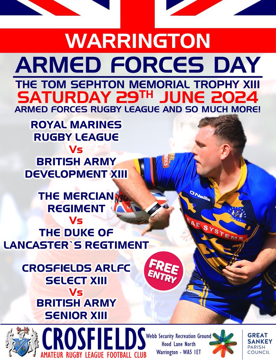 Just 6 weeks and it's time for some Great #armedforces #rugbyleague out in the community! 'hoping that you can join us at @CrosfieldsRugby on Saturday 29th June... We'd love your support on what's a great FREE day out. See you there!