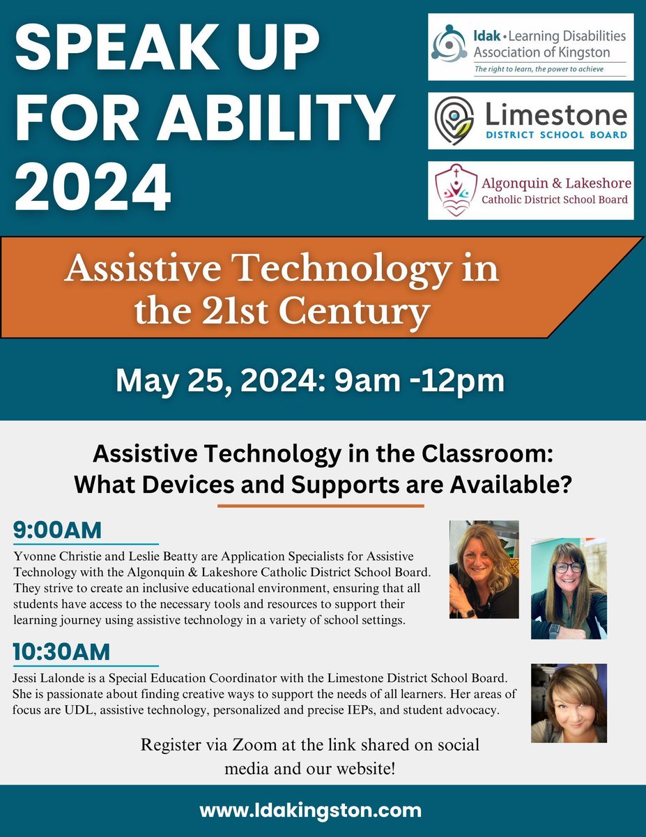 We are looking forward to Part 1 of our Speak Up for Ability 2024 webinar on May 25! Join  us as we learn more about Assistive Technology in the classroom with the Limestone and Algonquin School boards. Register here! buff.ly/3V2NBhC