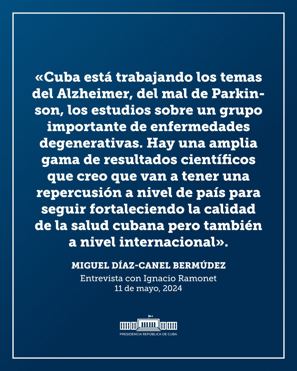 🇨🇺| @DiazCanelB: #Cuba está trabajando los temas del Alzheimer, del mal de Parkinson, estudios de un grupo importante de enfermedades degenerativas. Hay una amplia gama de resultados científicos que van a tener una repercusión a nivel de país, pero también a nivel internacional.