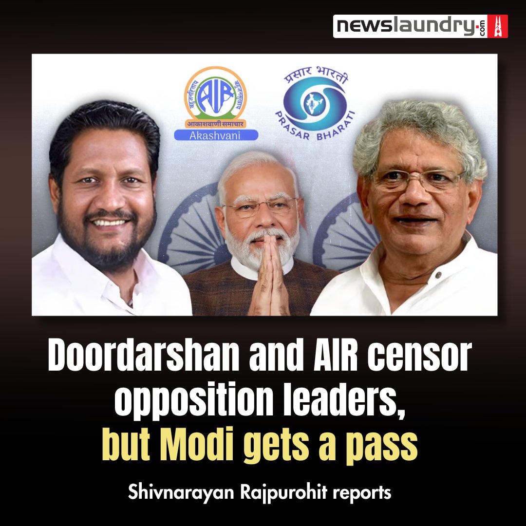 While Sitaram Yechury was asked to drop “Muslim” phrase from his speech during broadcast time allotted to him, PM Modi used the word “Muslims” at least 11 times in 4 live and 2 pre-recorded speeches. @shivnarayan01 reports. newslaundry.com/2024/05/18/doo…