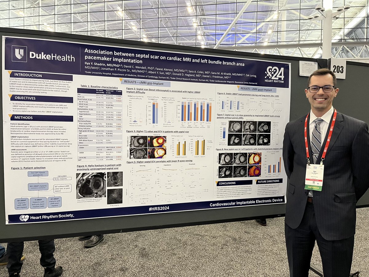 A privilege to present our work on the role of septal scar on cardiac MRI in patients undergoing LBBAP pacemaker placement! #HRS2024 @DukeCardFellows