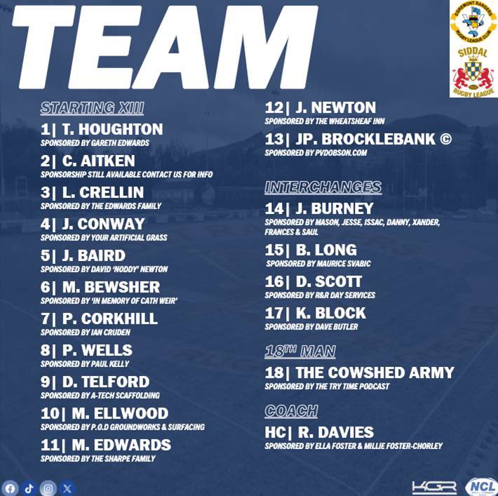 👥 𝙏𝙀𝘼𝙈 𝙉𝙀𝙒𝙎 Brought to you by KGR Electrical Services Here is your @EgremontR team ready to Gillfoot park in todays @OfficialNCL Premier Division, round 10 clash Less than 1hr until kick off LETS DO THIS‼️ #UpTheMont | #TheTeamForMe | #CowshedArmy🐮🛖