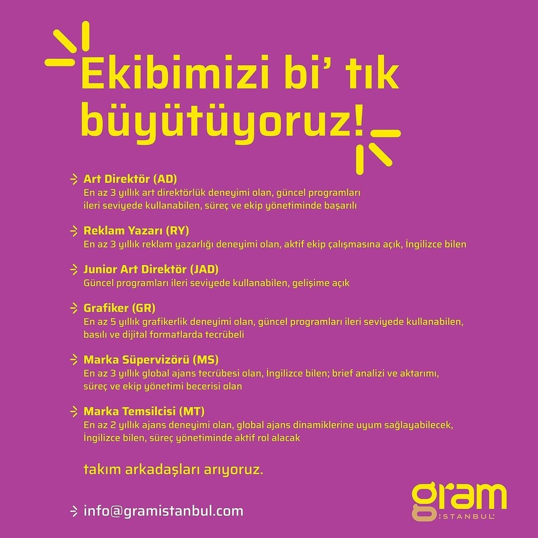 Ekibimizi bi’ tık büyütüyoruz – Gram İstanbul 👇 Başvuru ve Detaylar: ajansgiller.com/ilan/ekibimizi…

#kariyer #ajansgiller