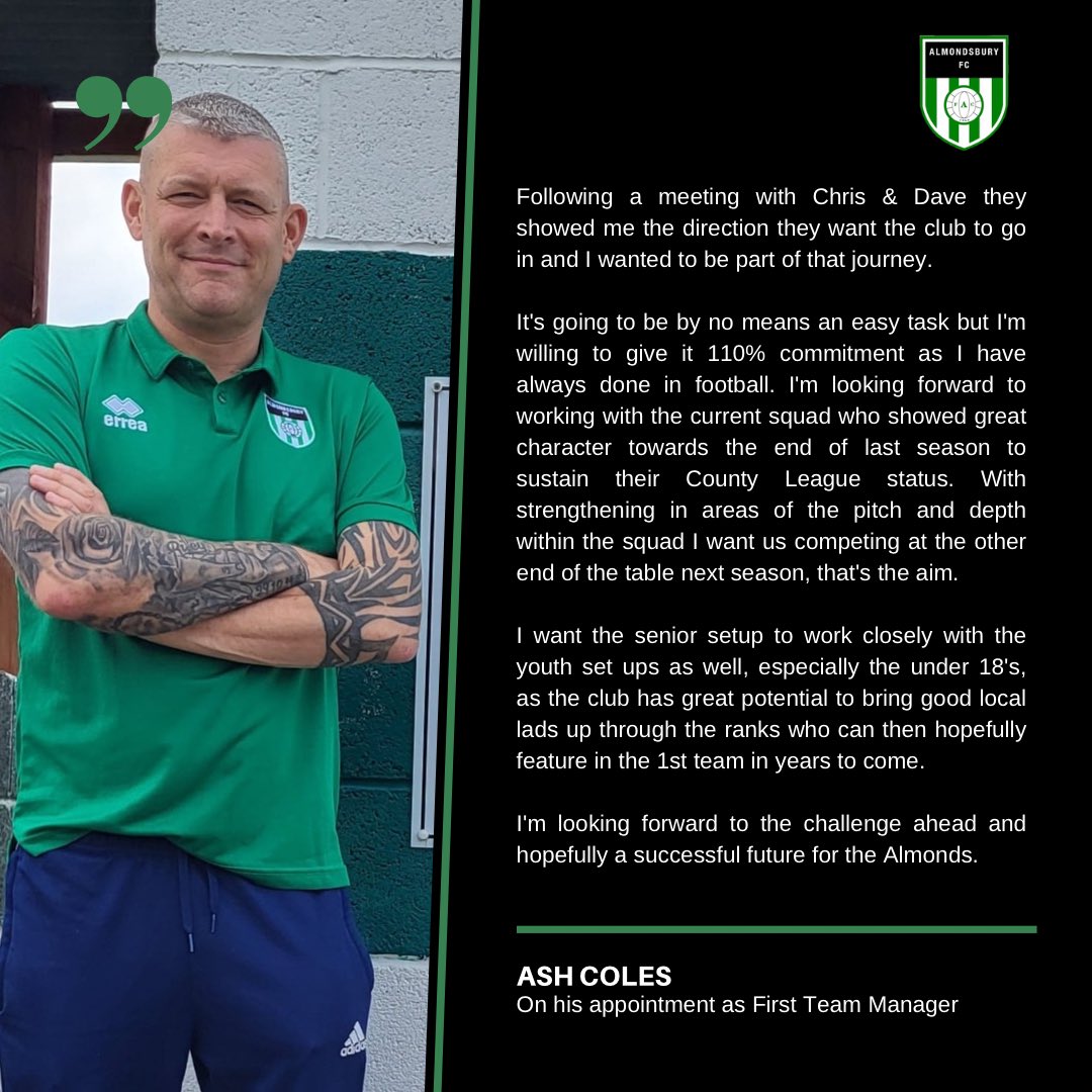 🚨 𝘼𝙉𝙉𝙊𝙐𝙉𝘾𝙀𝙈𝙀𝙉𝙏 🚨 Almondsbury FC are delighted to announce the appointment of Ashley Coles 'Colesy' as First Team Manager. We would like to wish Colesy well in what we hope will be an exciting season ahead under his tenure. 🟢⚪️ #UTA