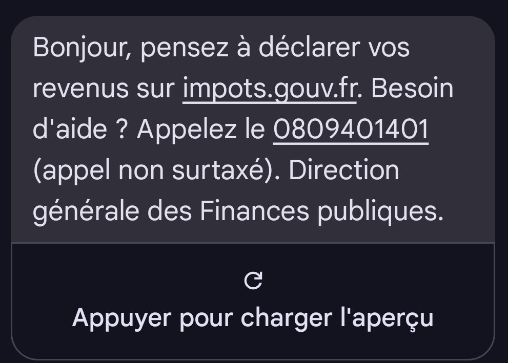 Une tentative de phising !!!

Moi je suis plus malin je ne contracte pas !!!

Ranafoutre merguez DGFIP !!!

Je ne sais pas même qui c'est !!! 🥳