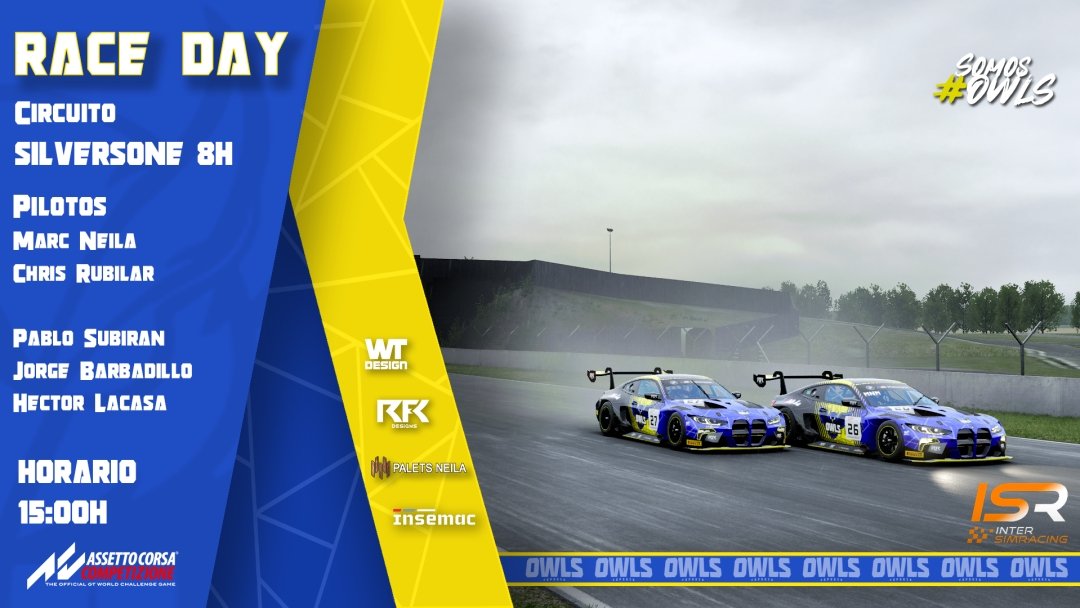 Endurance DAY 🏁

Hoy toca sacar el paraguas y ponerse el chubasquero 🌧️

Tocan 8h de clima variable en el mítico circuito británico

🏆 <a href="/inter_simracing/">ISR</a>
📍 Silverstone
🚙 #26
🚙 #11
🎥 <a href="/Tvcompetizion/">TV COMPETIZIONE</a>

#somosowls