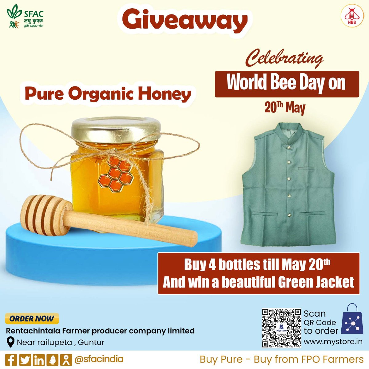 Giveaway🎁on World Bee Day Unfiltered, pure organic honey for the natural sweetness that is good for your health. Buy 4 bottles of honey till May 20th And win a beautiful Green Jacket. Order at👇 mystore.in/en/product/dba… 🐝 #VocalForLocal #healthychoices #healthyeating #NBB
