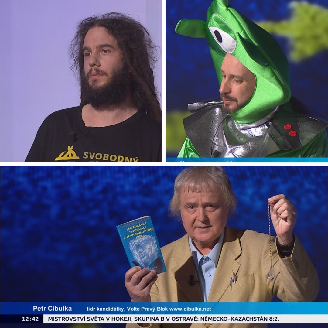 czarkye's tweet image. w wyborach do PE w 🇨🇿 zarejestrowało się 30 komitetów. Teraz odbywają się między nimi debaty

Dziś w telewizji publicznej dyskutowali przedstawiciele list:
• URZA. Nie chcemy waszych głosów
• TAK! Lepsza UE z kosmitami
• Prawicowy Blok Cibulka.net