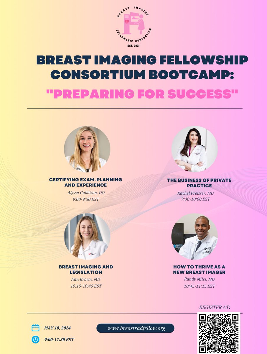 Breast Imaging Fellowship Consortium (@breastradfellow) on Twitter photo Starting in 30 minutes!! BIFC Bootcamp preparing for Success!
Don’t miss this great line up of speakers and topics-
<a href="/AlyssaCubbison/">Alyssa</a> <a href="/RMilesMD/">Randy C. Miles MD, MPH, FSBI</a> <a href="/RachelPreisser/">Rachel Preisser, MD</a> <a href="/AnnBrownMD/">Annie Brown, MD</a> Starting in 30 minutes!! BIFC Bootcamp preparing for Success!
Don’t miss this great line up of speakers and topics-
<a href="/AlyssaCubbison/">Alyssa</a> <a href="/RMilesMD/">Randy C. Miles MD, MPH, FSBI</a> <a href="/RachelPreisser/">Rachel Preisser, MD</a> <a href="/AnnBrownMD/">Annie Brown, MD</a>