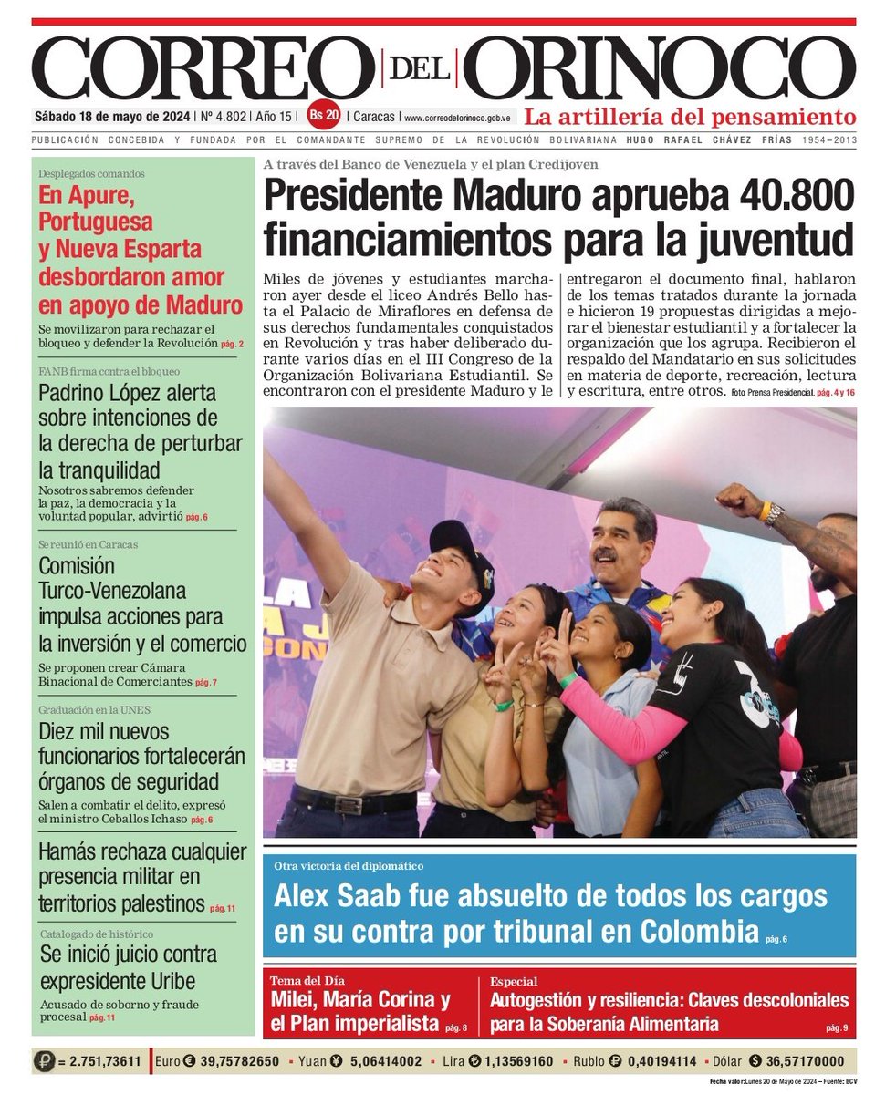 ¡Buen día! Aquí la primera página del #CorreoDelOrinoco de este sábado #18Mayo 📰

Visita nuestra web y conoce todas las noticias 👇🏻
correodelorinoco.gob.ve/edicion-impres…

#VenezuelaSiempreVence