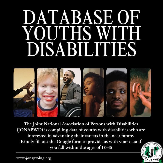 Are you a person with a #disability? 
Are you interested in advancing your #career?
@JONAPWDNig is compiling the data of #Personswithdisabilities between the ages of 18 to 45.
Kindly click on this link👉 bit.ly/3V1yFAa to submit your data. 
#SDG10 #SDG17