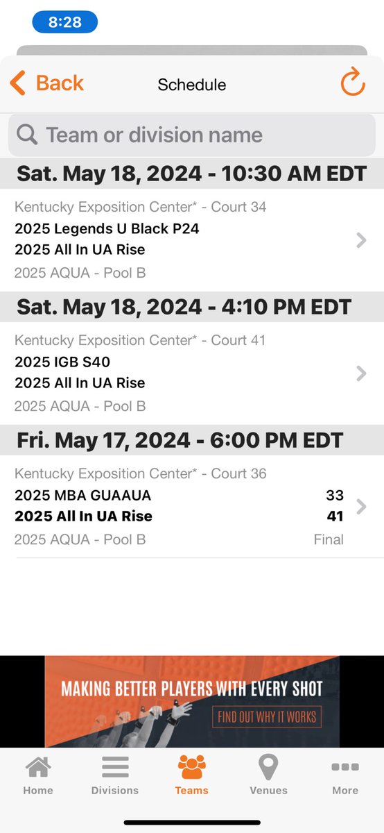 Today’s schedule at the clash in louisville. Come on out and watch!!