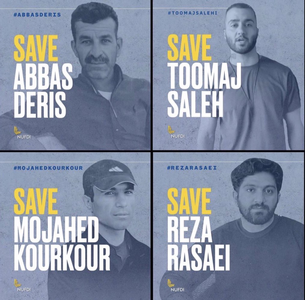 🚨 Urgent 🚨
#ToomajSalehi #RezaRasaei #MojahedKourkour #AbbasDaris’s lives are at imminent risk of execution by the Islamic regime in Iran at any moment!

Be their voice to save their lives!

@JavaidRehman 
@USEnvoyIran
@UN_SPExperts

#StopExecutionsInIran