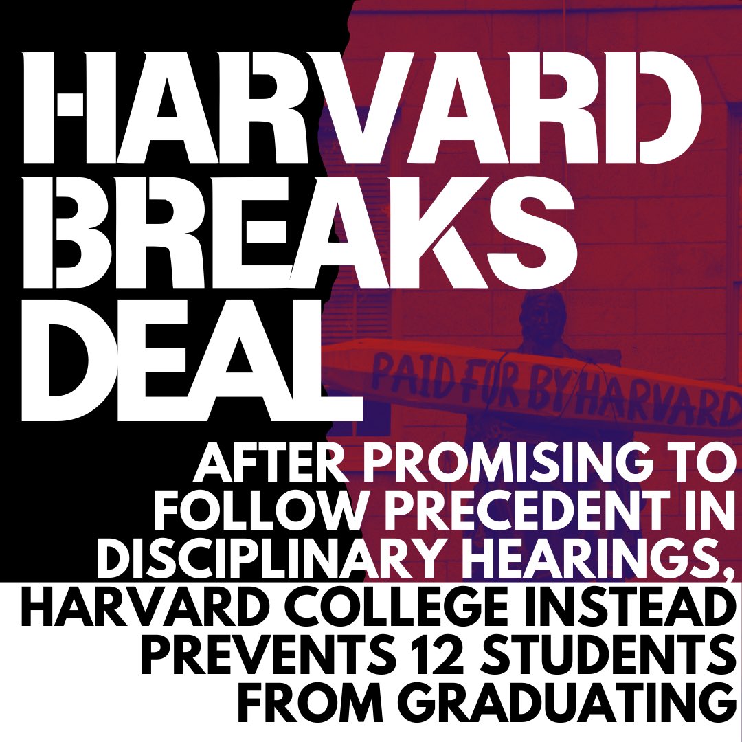 🚨🚨BREAKING: Harvard has violated its agreement with student protestors. This betrayal will PREVENT 12 STUDENTS FROM GRADUATING and place 28 on probation or suspension.

In the agreement reached to end the HOOP encampment, Garber promised to encourage Ad Boards to follow