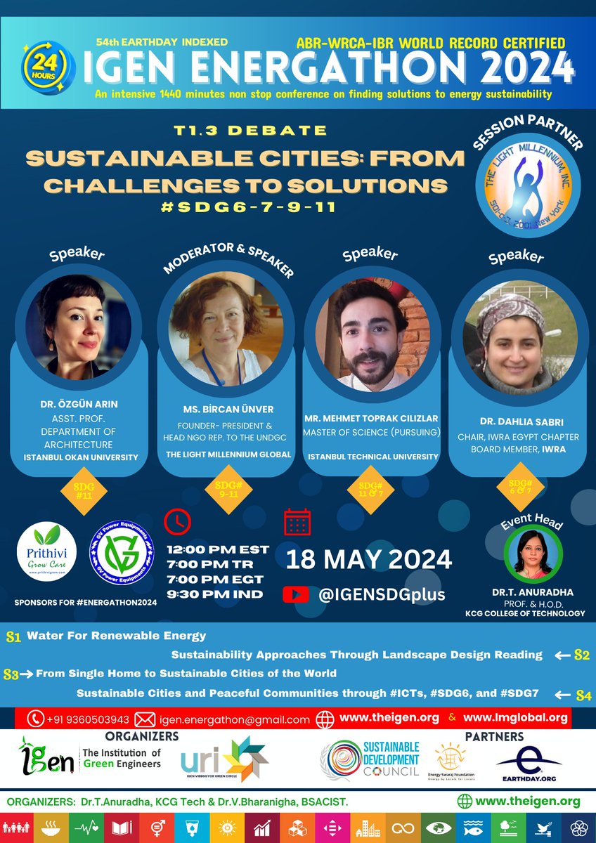 Today: 05/18 #SustainableCities: From #Challenges To #Solutions
#LMGlobalOrg is proud being a part of the #IGENEnerGathon2024 #EarthDay #SDG6 #SDG7 #SDG9 #SDG11 @TheInstitution9  #UNWithCivilSociety #ozgunarin #bircanunver @DahliaSabri #mtoprakcilizlar #lightmillennium @UNDGC_CSO