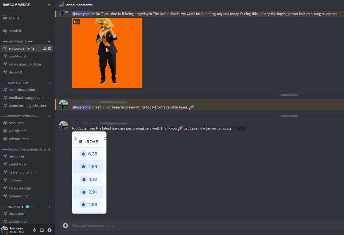 Discord is literally the best team communication platform for ecom.

My team absolutely loves Discord

Honestly, I don't understand why you're still using Slack when Discord exists.

It's free..

You can customize everything

It's WAY more organized than Slack

RETWEET and DM me