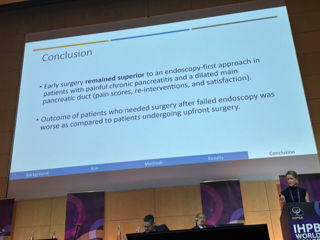 Does the benefit of #surgery over #endoscopy for symptomatic wide-duct (PD >5mm) #chronic #pancreatitis remain in 8-year follow-up? 

Yes! And benefits of surgery getting bigger.
💎 very satisfied: 71% vs 33%
💎 would recommend: 87% vs 47%
💎 worse complete pain relief with