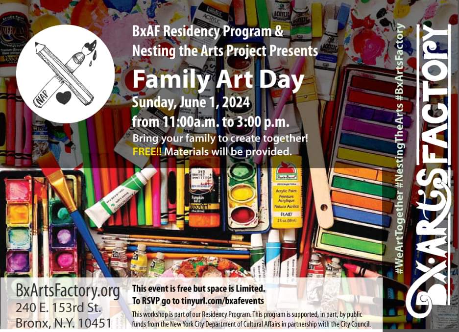 Welcome to Family Art Day at BxArts Factory! Join us for a fun-filled day of creativity and imagination. Let your inner artist shine as you and your loved ones participate in various art activities and workshops. From painting to drawing or printing, there's something for