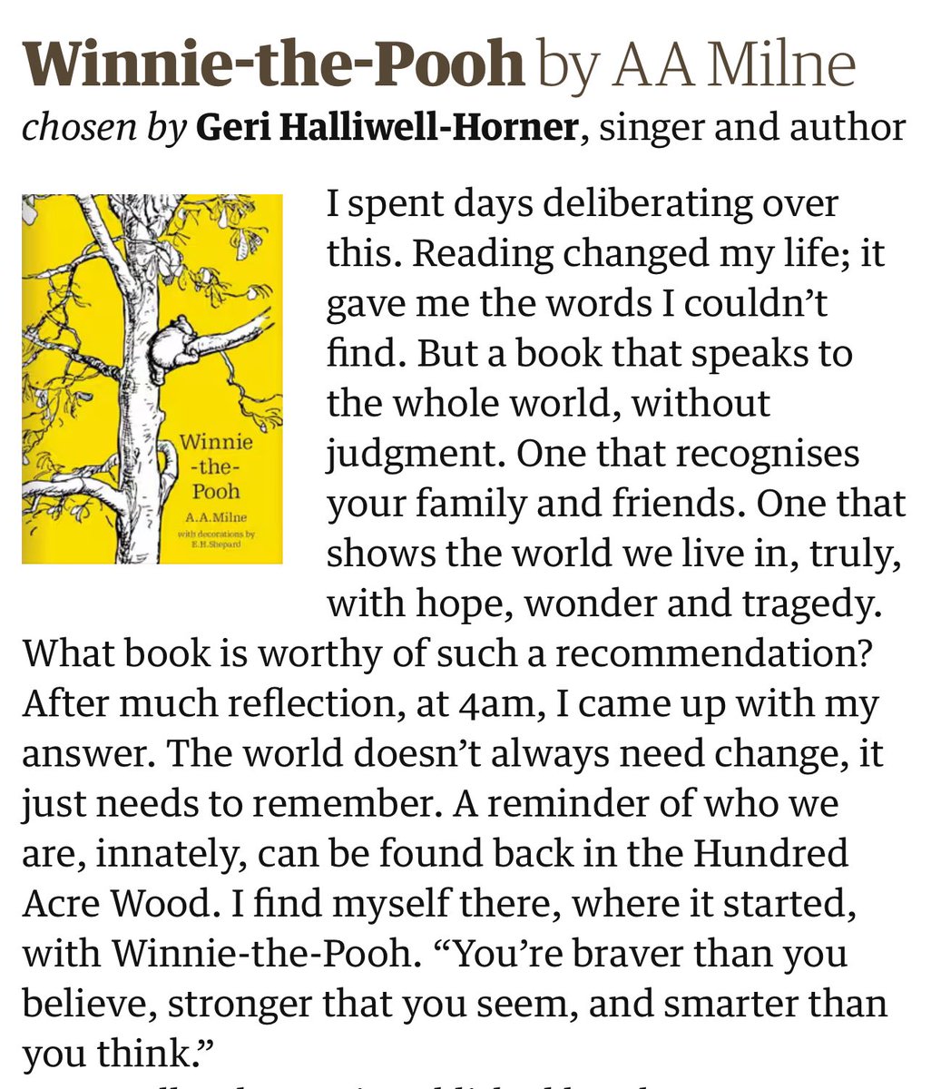 Geri Halliwell, there, ending her recommendation of AA Milne’s Winnie-the-Pooh with a quote that isn’t, in fact, from AA Milne’s Winnie-the-Pooh. It’s from a Disney Winnie-the-Pooh cartoon that isn’t even based on any of the books.