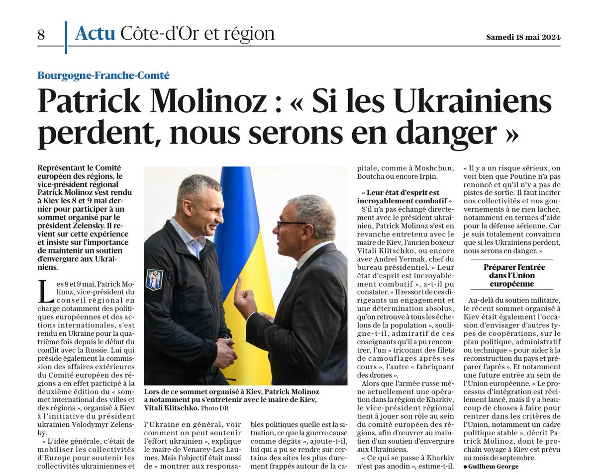 Représentant le @EU_CoR Comité européen des régions, @MolinozPatrick s’est rendu à #Kiev les 8 et 9 mai dernier pour participer à un sommet organisé par le président @ZelenskyyUa. Il revient sur cette expérience et insiste sur l’importance de maintenir un soutien d’envergure 🔽🇺🇦