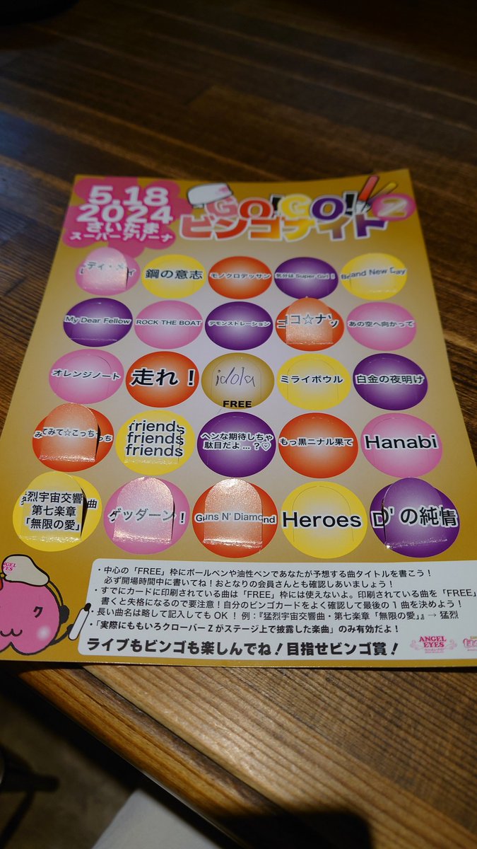 KLvRandoll's tweet photo. あーりんさんと同じカードだったと思おう。
3リーチ、最後の2曲があればダブルビンゴ。
。。。楽しかった。 https://t.co/7bFDJp4GV9