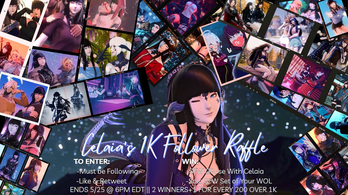 ✨ IT'S TIME FOR CELAIA'S 1K FOLLOWER RAFFLE ✨

Enter to win a collab with Celaia or a solo photoset of your WoL!  2 winners + 1 every 200 followers over 1k

To enter:
-Follow
-Like & RT this post, no raffle or priv accs
-Post your OC below (Optional)
ENDS: 5/25 @ 6PM EDT