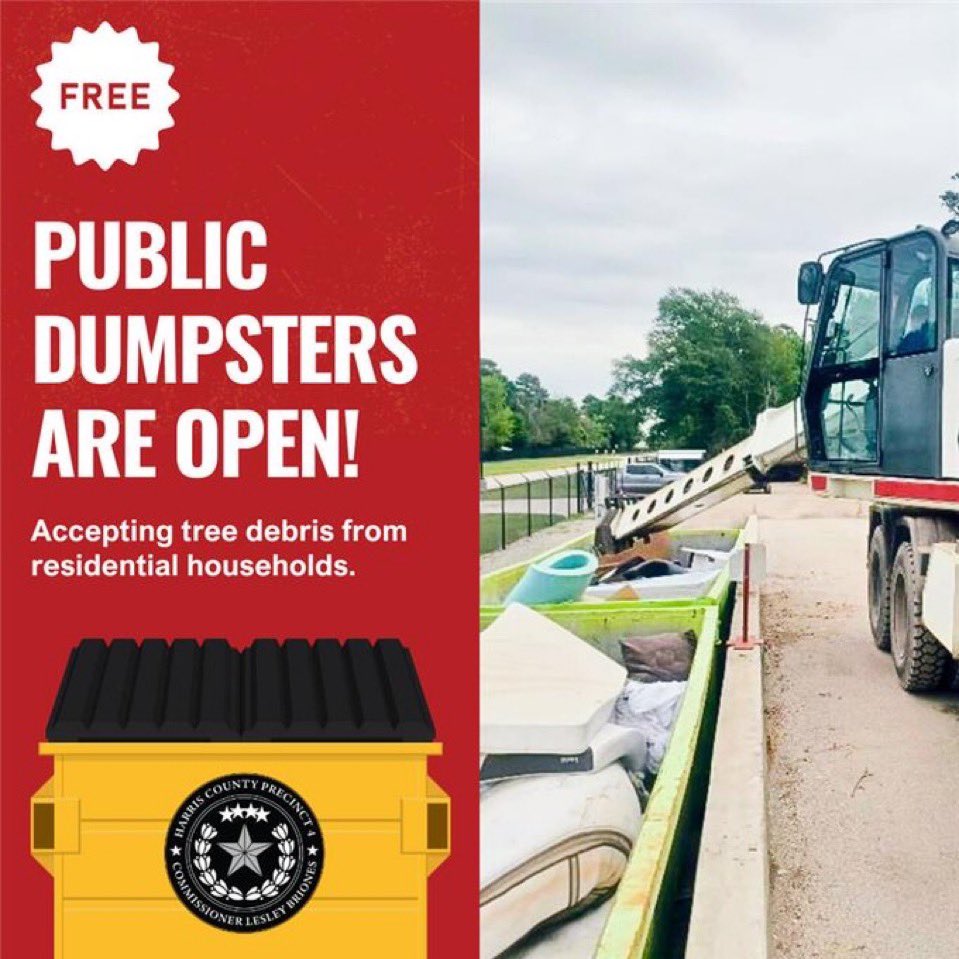 The Public Dumpsters in Tomball and Hockley will be open from 6:30 a.m. - 4:30 p.m. today. The dumpsters will be closed on Sunday. #HCPrecinct4 #HouNews #HarrisCounty

More ℹ️⬇️
cp4.harriscountytx.gov/Public-Dumpste…