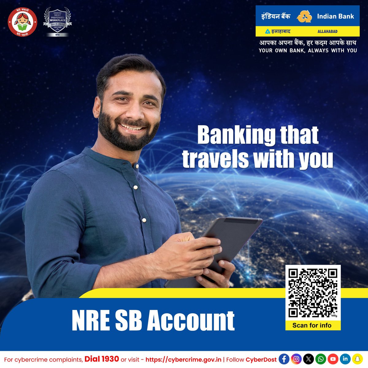 Wherever life takes you, your Bank follows! Embrace the ease of global banking with a local touch. Our NRE SB Account paves an easy path to send money back home to your loved ones. Know More – bit.ly/IB_NreSBAccount #IndianBank @DFS_India
