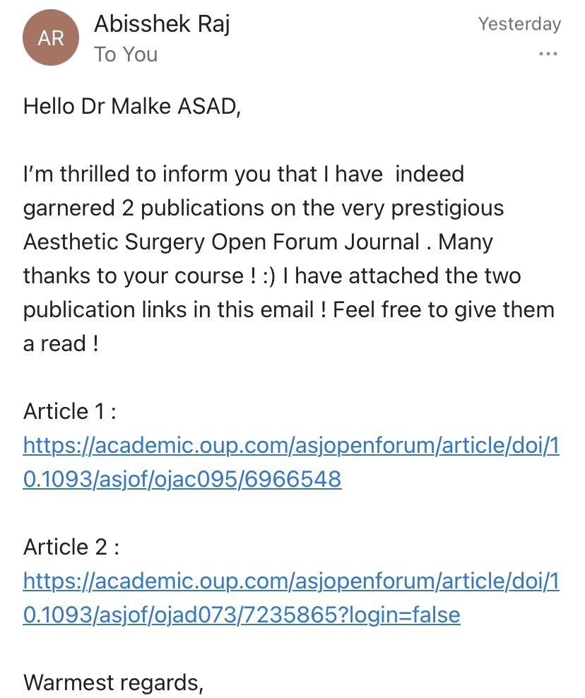 What an honor to contribute to the academic development of the future generation of doctors! Abisshek took part in our course and published two papers so far and more to come! Check out the course Abisshek took part of here thematchguy.com/research-cours…