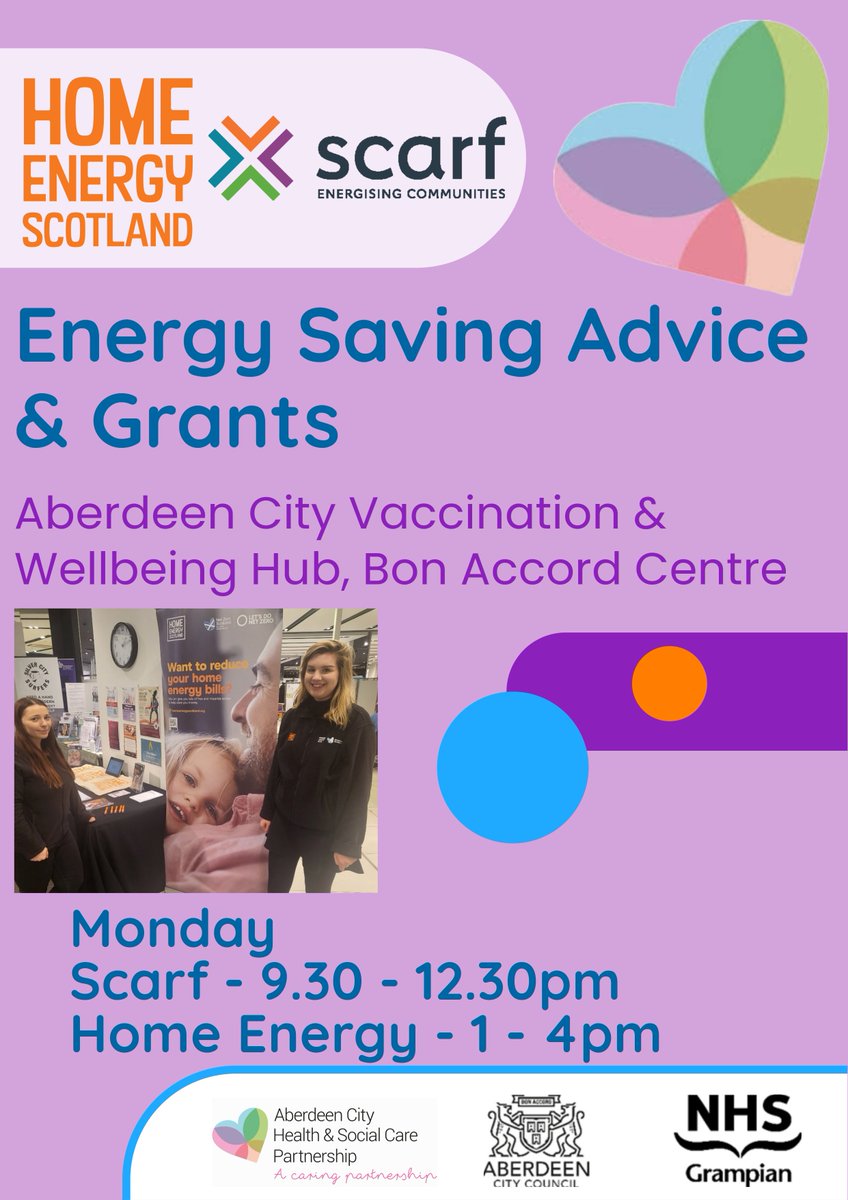 Monday 20th May at the Aberdeen Vaccination & Wellbeing Hub, Bon Accord Centre - Falls Prevention, Long COVID Practitioner and Home Energy Savings advice & support (Times below). Just drop in, no appointment necessary. @NHSGrampian @HSCAberdeen @HomeEnergyScot @Sportaberdeen