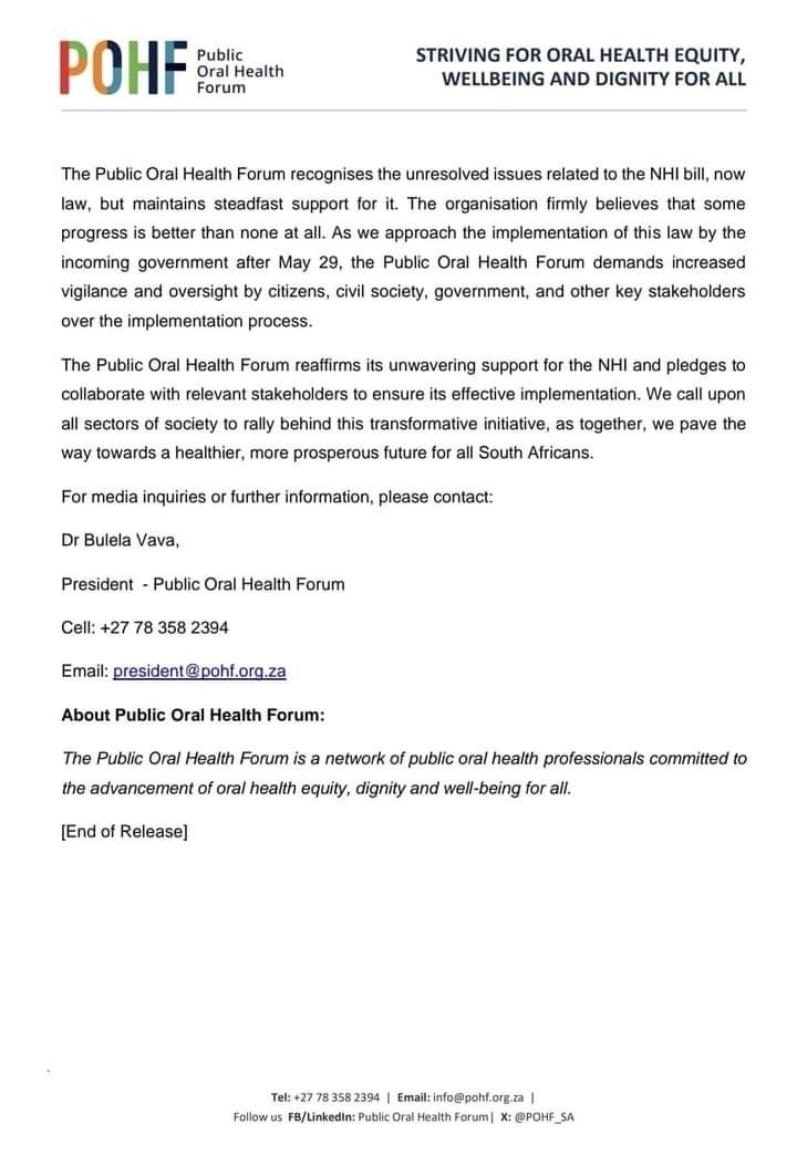 #RoadToHealth Statement of support. The Public Oral Health Forum (POHF) is in support of the NHI, but not without a few reservations. 'This should be the first step to realising universal access to oral healthcare services in SA'. 
#LeaveNoOneBehind
#publicoralhealth 
#UHC #NHI