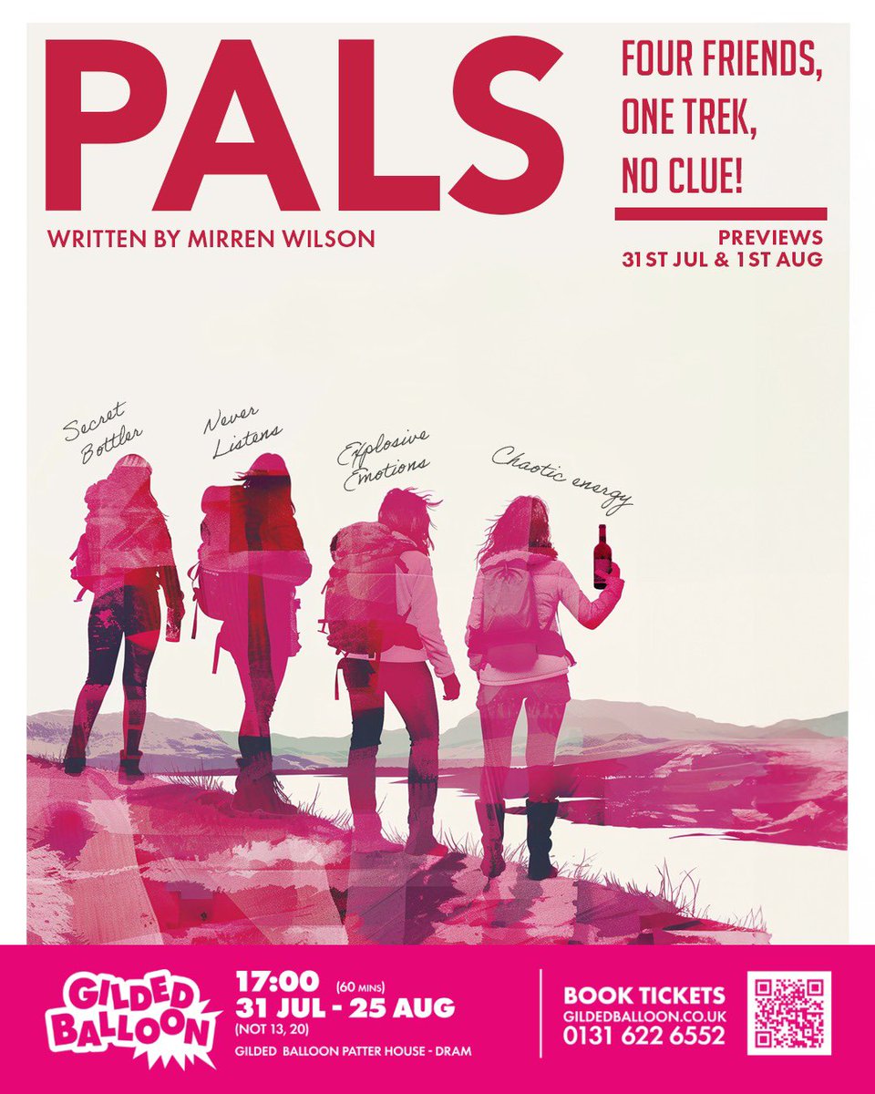 🏴󠁧󠁢󠁳󠁣󠁴󠁿 Support Scottish Theatre at Edinburgh Fringe 🏴󠁧󠁢󠁳󠁣󠁴󠁿

🥾PALS
📆 31st July - 26th August (not 13th or 20th)
⏰ 17.00
📍Gilded Balloon, Patter Hoose

Tickets available:

@Gildedballoon 
tickets.gildedballoon.co.uk/event/14:5190

AND

@edfringe 
tickets.edfringe.com/whats-on/pals

#unleashyourfringe #palsinpink