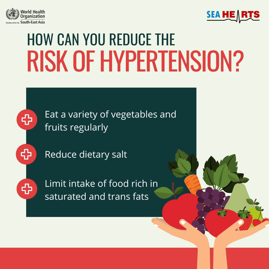 Here's how you can reduce 📉 your risk of #hypertension. #beatNCDs 👉🏾 Eat a variety of vegetables and fruits regularly 👉🏾 Reduce dietary salt 👉🏾 Limit intake of food rich in saturated and trans fats