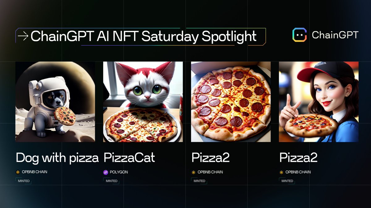 This week's ChainGPT AI NFT Saturday Spotlight is all about pizza! 🍕 Celebrate Bitcoin Pizza Day in advance with four amazing pizza-themed NFTs. 4️⃣ Look at our user's tasty creations and tell us what's your favorite topping: ➡ chaingpt.org/blog/chaingpt-…