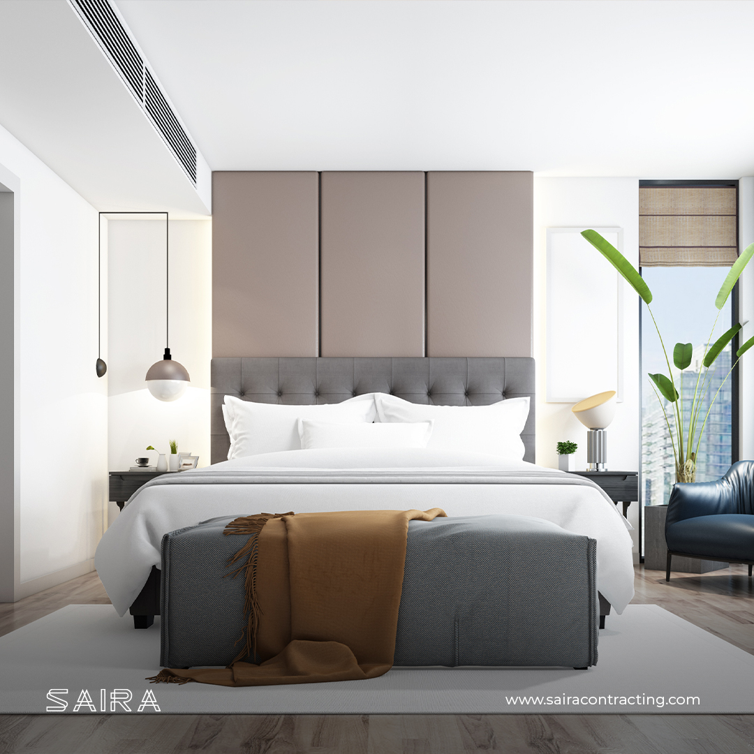 Unwind in style with this #minimalist modern #doublebedroom, meticulously crafted by #SairaInterior. From the minimalist decor to the inviting ambience, every detail is designed to create a space that promotes relaxation and rejuvenation. #sairacontracting #bestinteriors