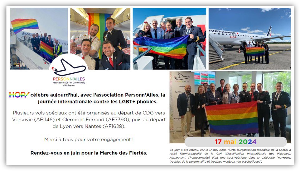 Une nouvelle édition des vols Arc en ciel qui a illuminé le ciel et les équipages de HOP ! De + en + visibles, les personnels #LGBT+ du groupe #airfrance plébiscitent l’action de notre association. DG, personnels et association unis dans l’action. #idahobit #inclusion