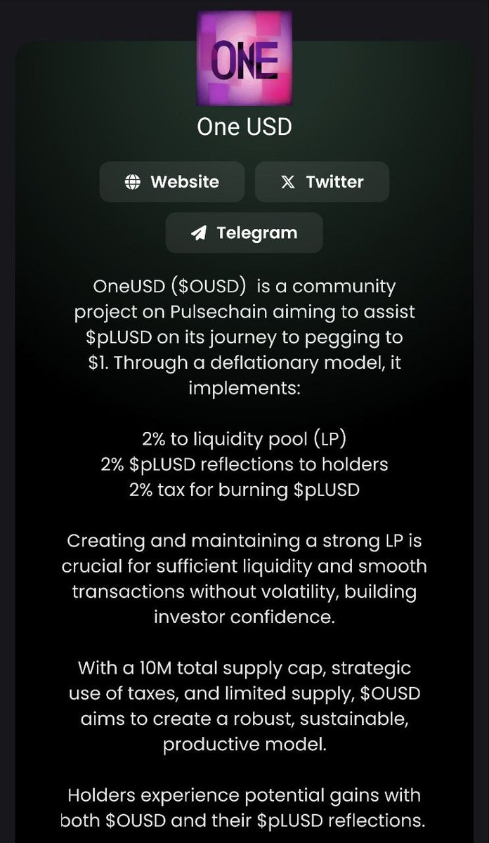 Can't fade $OUSD on Pulsechain either
 0xfbb2566396399aa594fe95d42f1c8b8dfeaafa30

t.me/oneusdpls