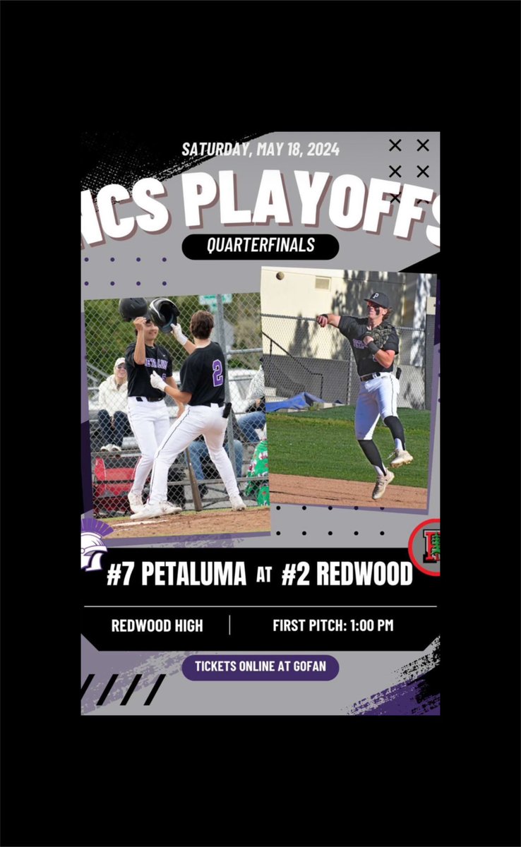 It’s (#7) TROJANS vs (#2) Giants today as our VARSITY team travels to Redwood for the NCS PLAYOFFS QUARTERFINALS. Game starts at 1 P.M.. Come on out and cheer on OUR TROJANS. Follow us on our Game Changer. GO TROJANS!! 💜⚾️🖤