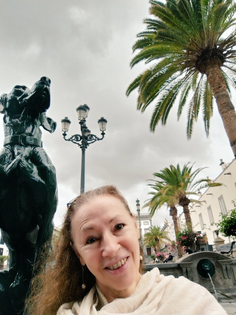 Las Islas Canarias deben su nombre a los canes. Los hay por todos lados. 8 de estas esculturas custodian el frente de la catedral Santa Ana. El cielo es habitual que esté así, le di en 'panza de burro' 😂