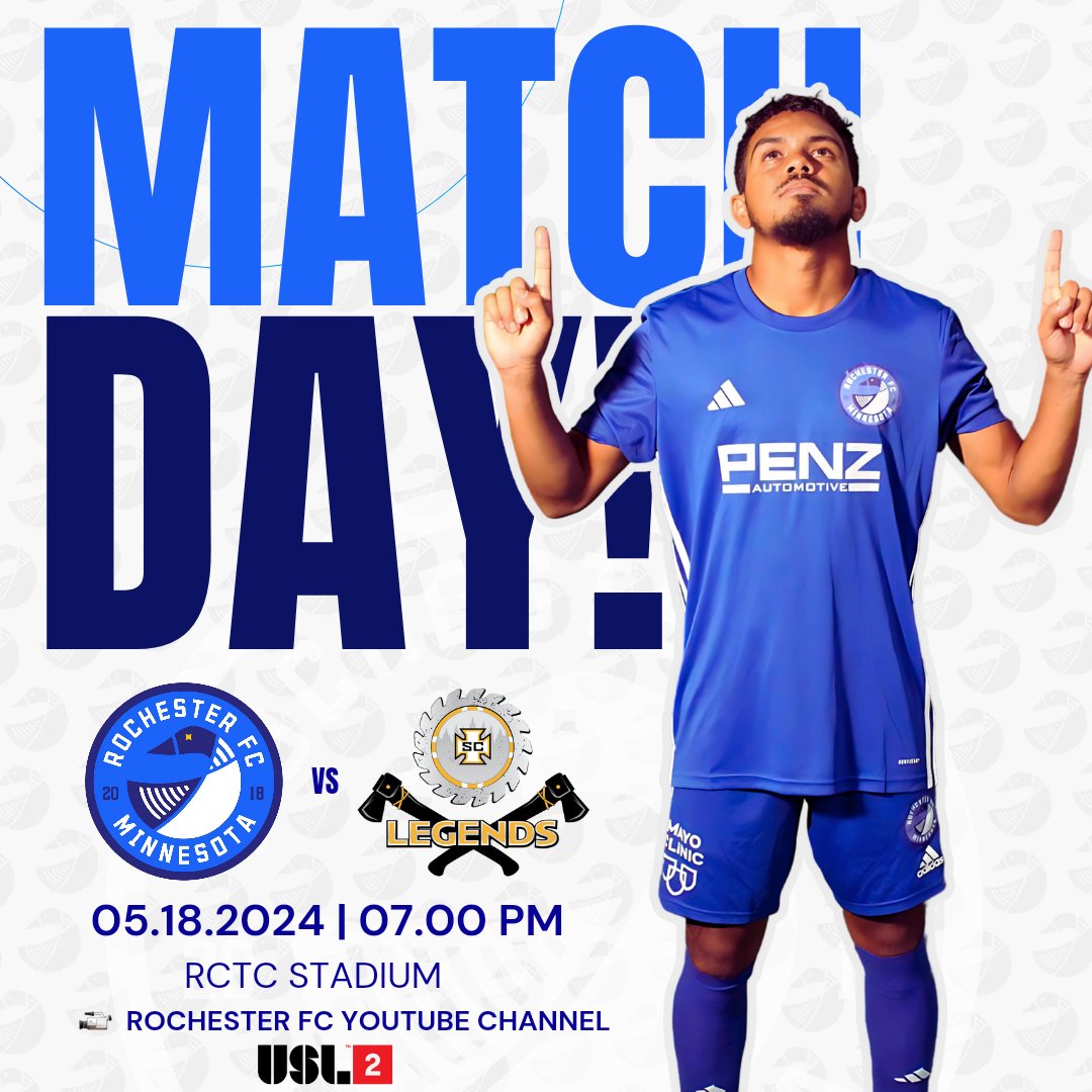 RochesterClub's tweet photo. It's GAMEDAY!!
Join us at RCTC tonight as our men's team takes on St. Croix Legends. 7pm kickoff!!
Let's go, Rochester!!!
#Gameday #Homeopener #soccer #usl2 #path2pro #RochesterFC #rochestermn https://t.co/UWJZPph74S