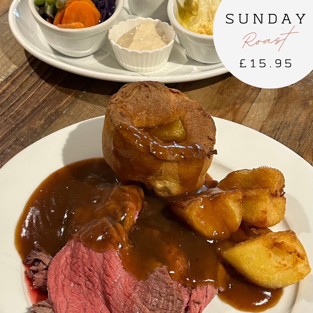Join us for James' delicious Roast Dinner, served from noon, every Sunday.
Chose from a variety of meats, or even have a mixture! All served with Homemade Yorkshire pudding, crispy roast potatoes, gluten free cauliflower cheese, seasonal vegetables and thick, rich gravy