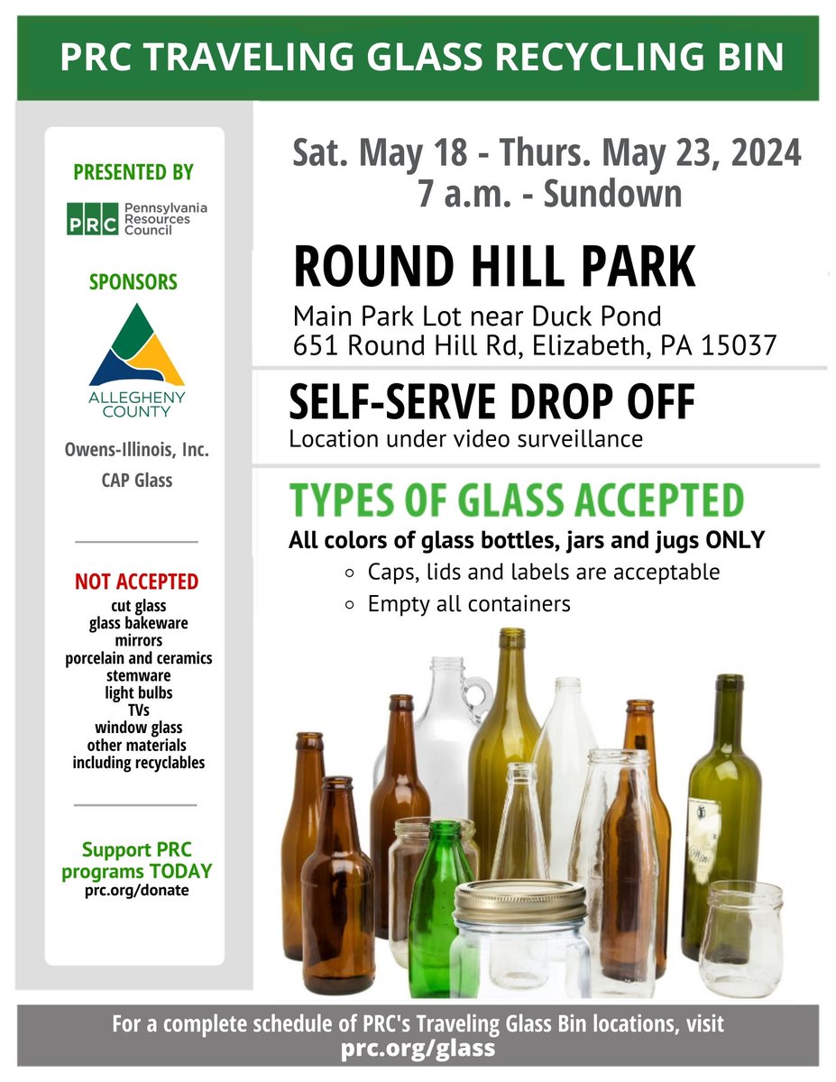 PRC's #travelingglassbin is at #RoundHillPark through May 23. Drop off all colors of glass bottles, jugs and jars through Thursday in main parking lot near duck pond. Sponsored by Allegheny_Co. Learn about glass #recycling: prc.org/glass.