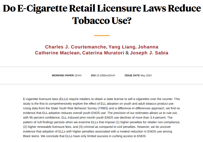E-cigarette licensure laws appear to have little effect on youth vaping, from @Courtemanche_CJ, @YangLiangEcon, @JCMecon, Caterina Muratori, and @SDSUCHEPS nber.org/papers/w32444