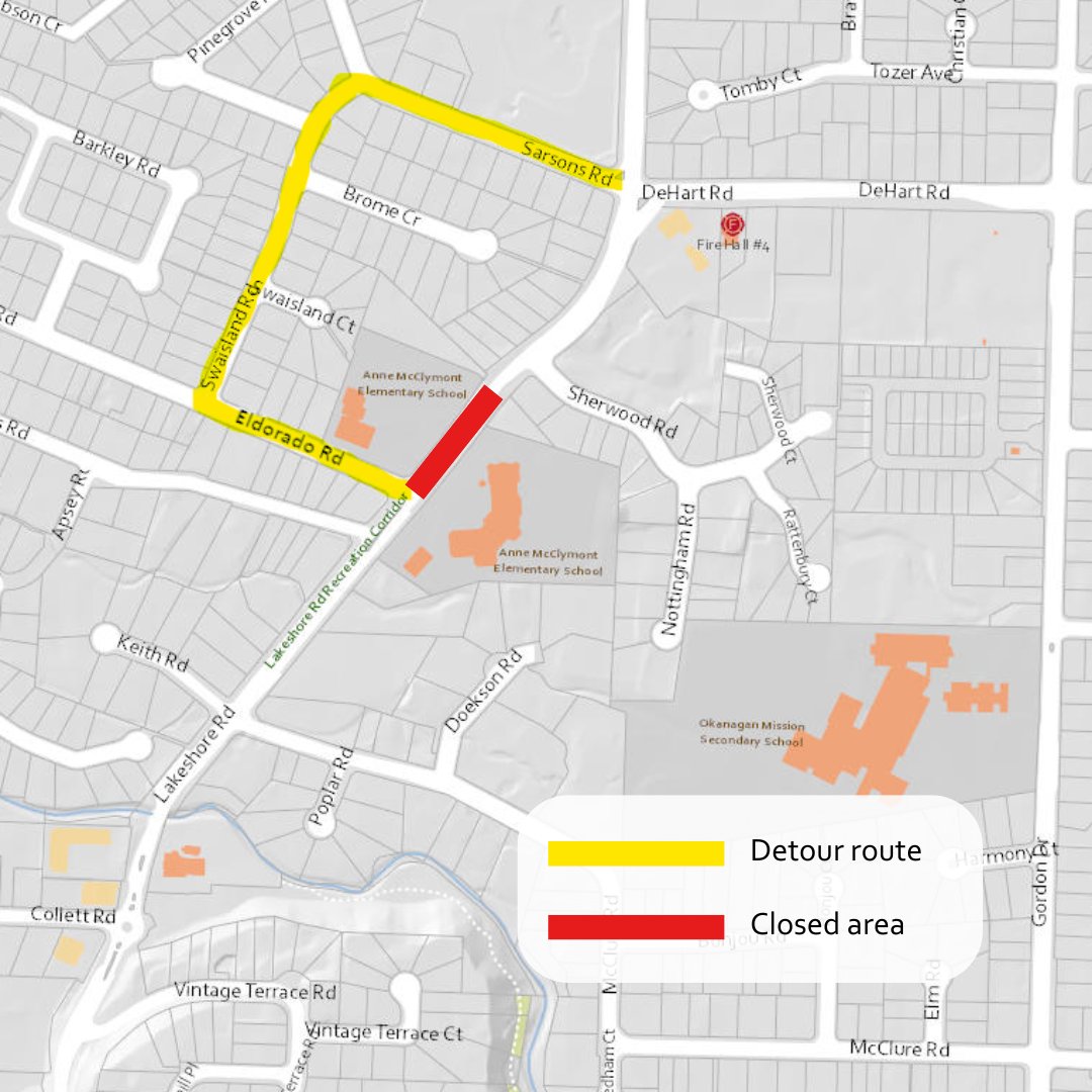 Lakeshore Road will be closed between DeHart Road to Eldorado Road on Saturday, May 18 from 7 a.m. to 5 p.m. for an emergent water service repair and replacement. A detour will be in place. Visit kelowna.ca/roadreport to plan your journey.