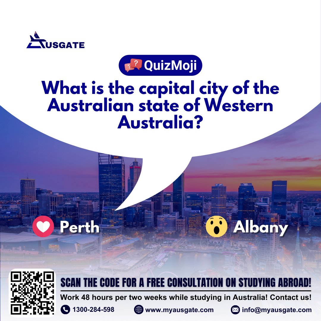 Which is the capital city of the Australian state of Western Australia? Hit this link to book FREE CONSULTATION: calendly.com/info-ausgate

#StudyInAustralia #AustralianEducation #StudyAbroadExpert #AustralianVisa #StudentVISA #InternationalStudents #StudyAbroadConsultants